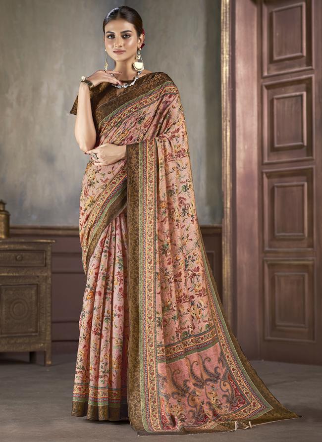 Natural Silk Pink Casual Wear Printed Saree